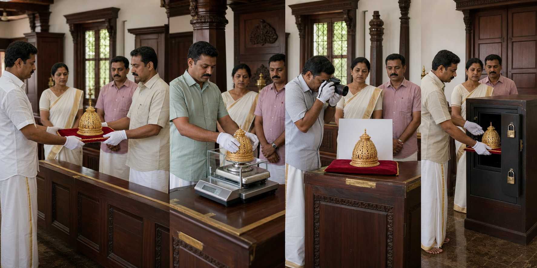 A ceremonial gold crown is witnessed, weighed, photographed, and placed in a double-locked compartment through a four-stage custody process.