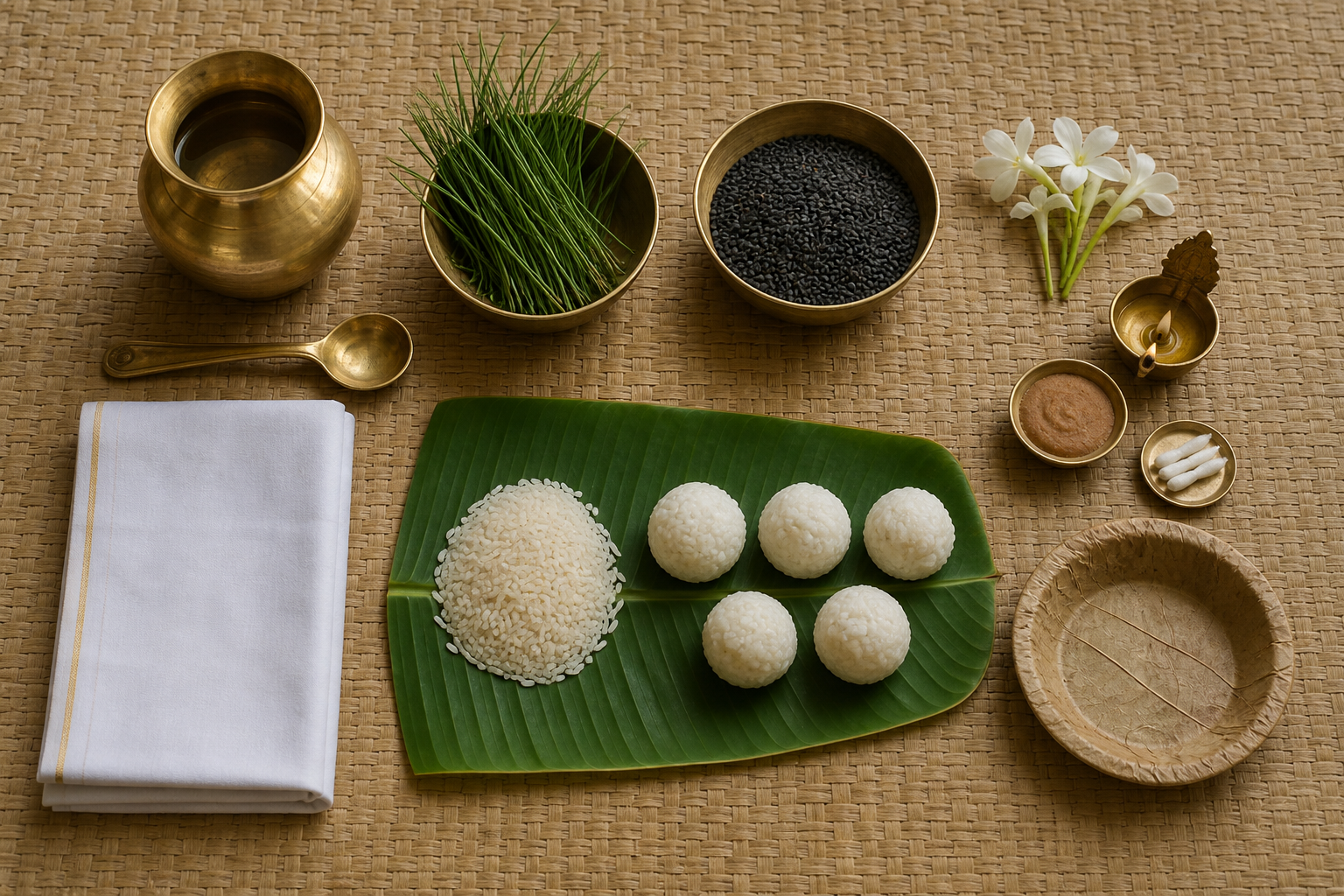 Water vessels, darbha grass, sesame, rice offerings, flowers, a lamp, cloth, and a leaf plate arranged in functional groups.