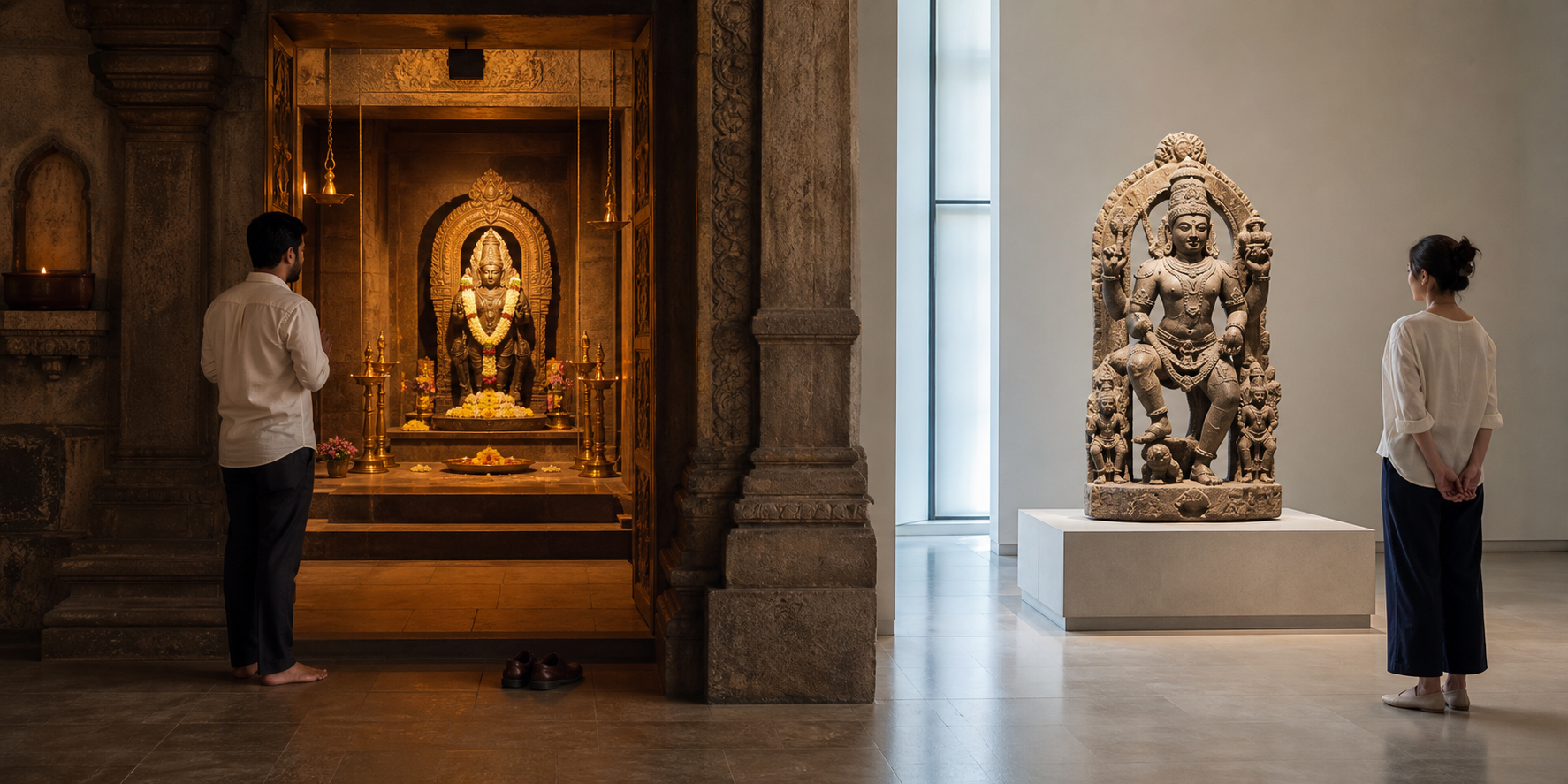One visitor stands respectfully at the threshold of a temple shrine while another studies a stone deity sculpture from a distance in a museum gallery.