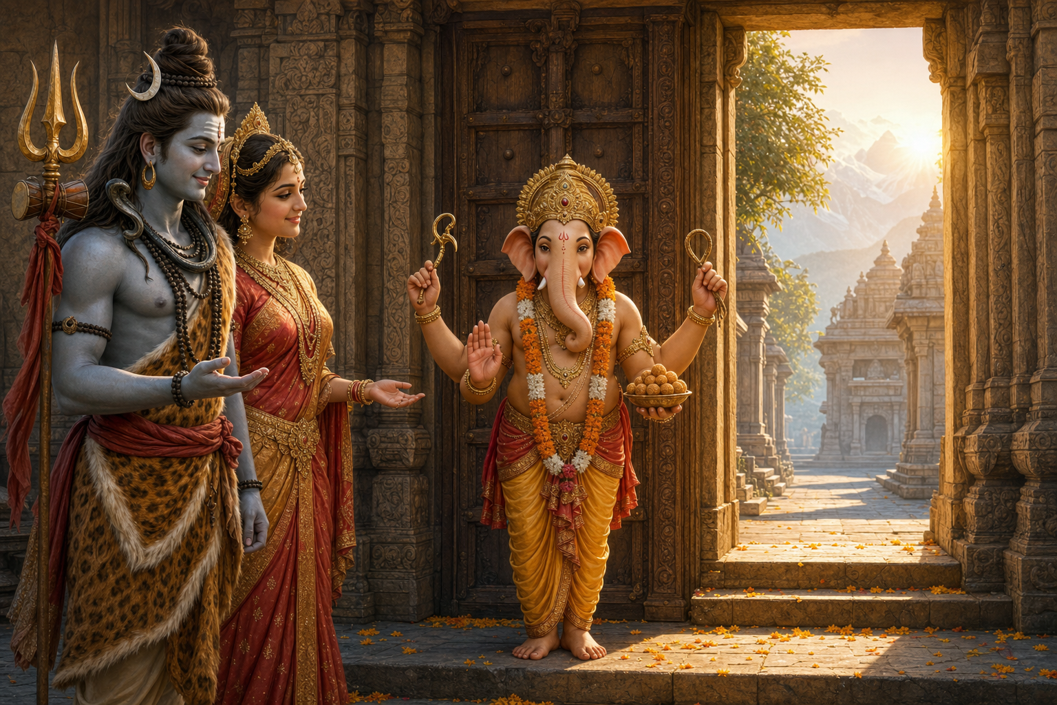 Elephant-headed Ganesha stands at an open temple threshold beside Shiva and Parvati, holding traditional attributes and a bowl of sweets.