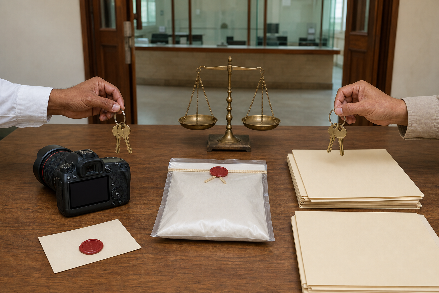 Audit folders, paired keys, a balance, a camera, and security seals are arranged on a table near a glass-fronted public service counter.