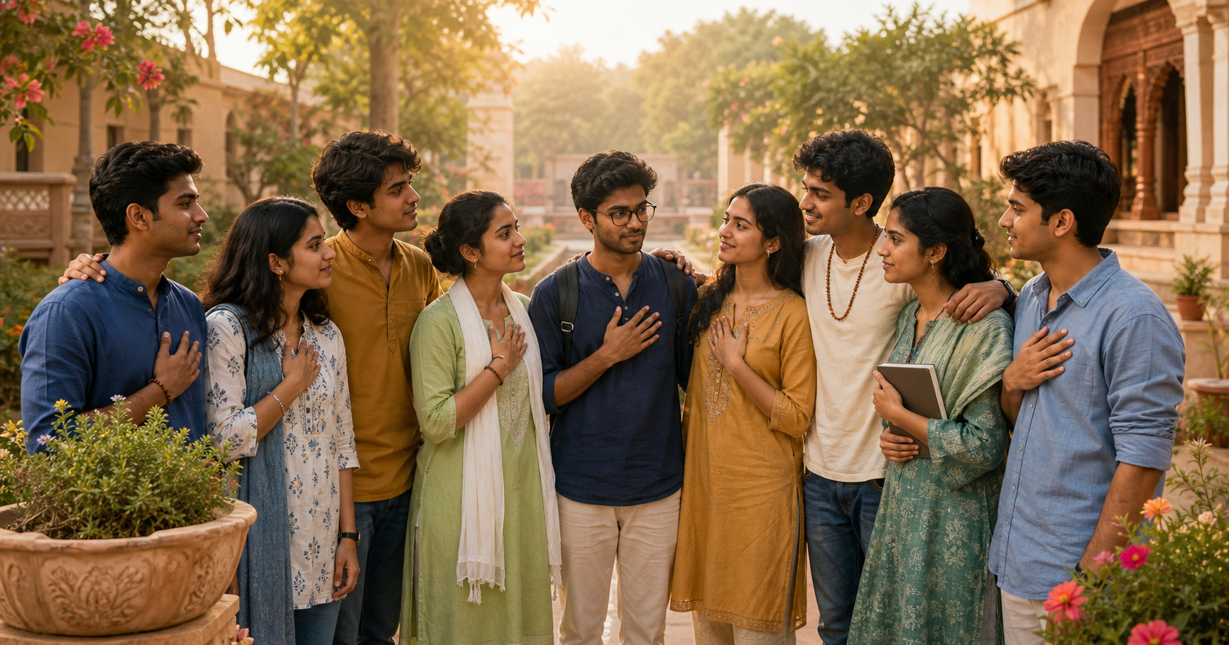 Young adults stand together with supportive gestures in a sunlit community courtyard after making a shared commitment.