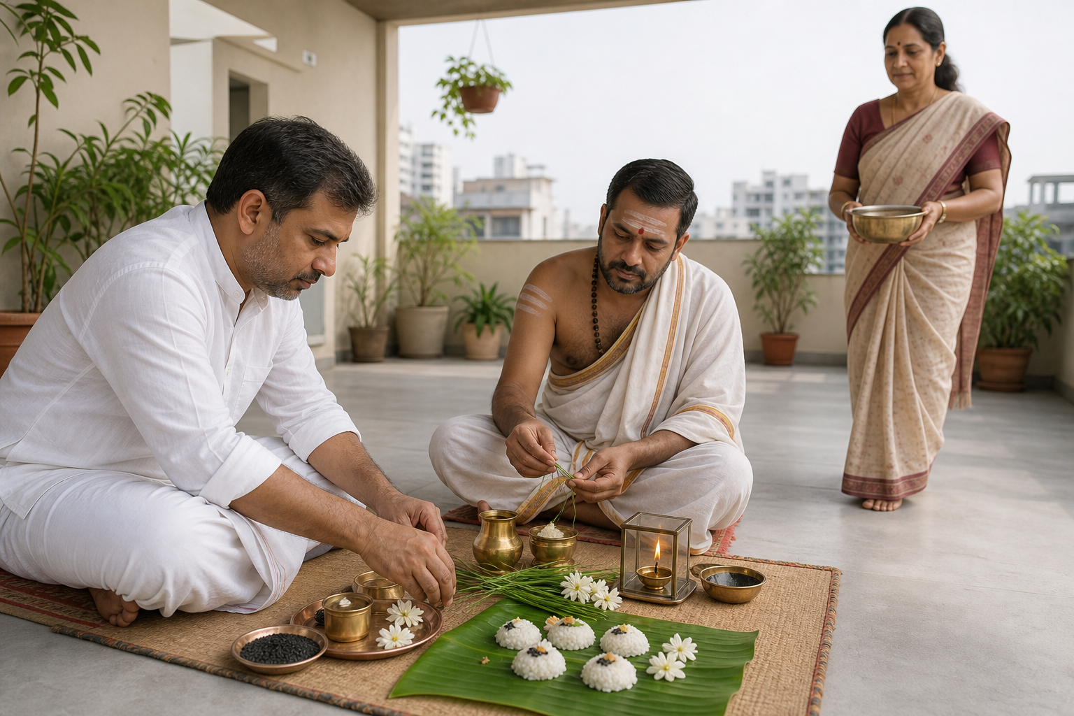 A family member and priest prepare a compact Shraddha ritual space with traditional materials on an apartment terrace.