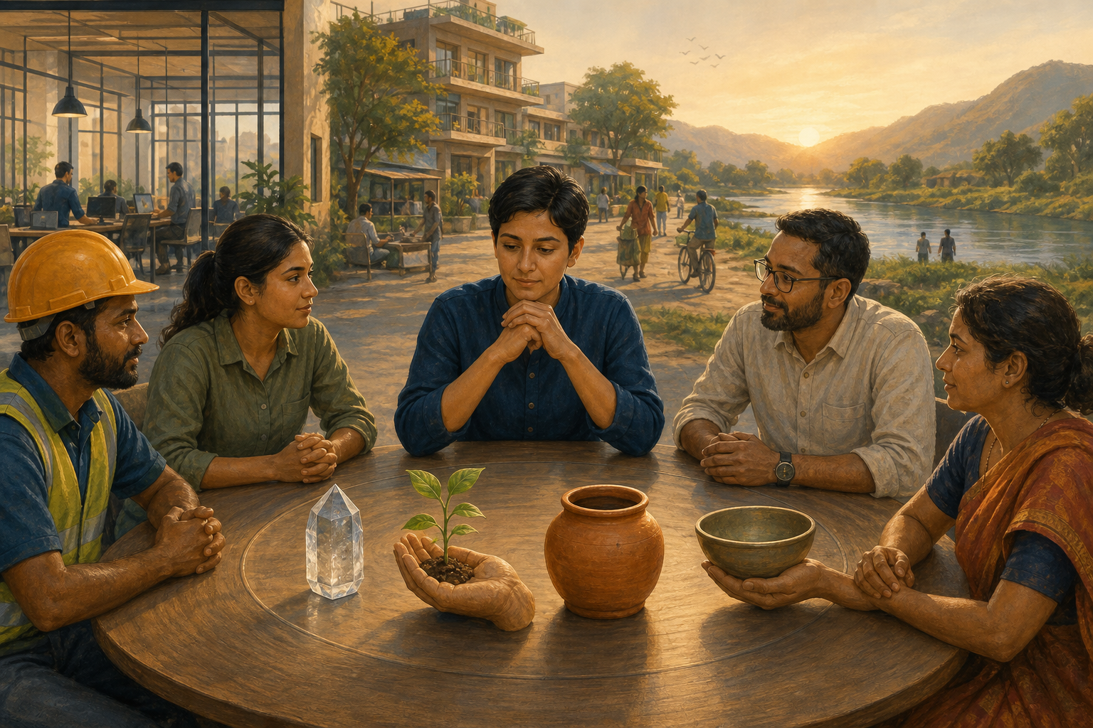 A leader considers four symbolic objects at a round table shared with workers, customers, colleagues, and community members.