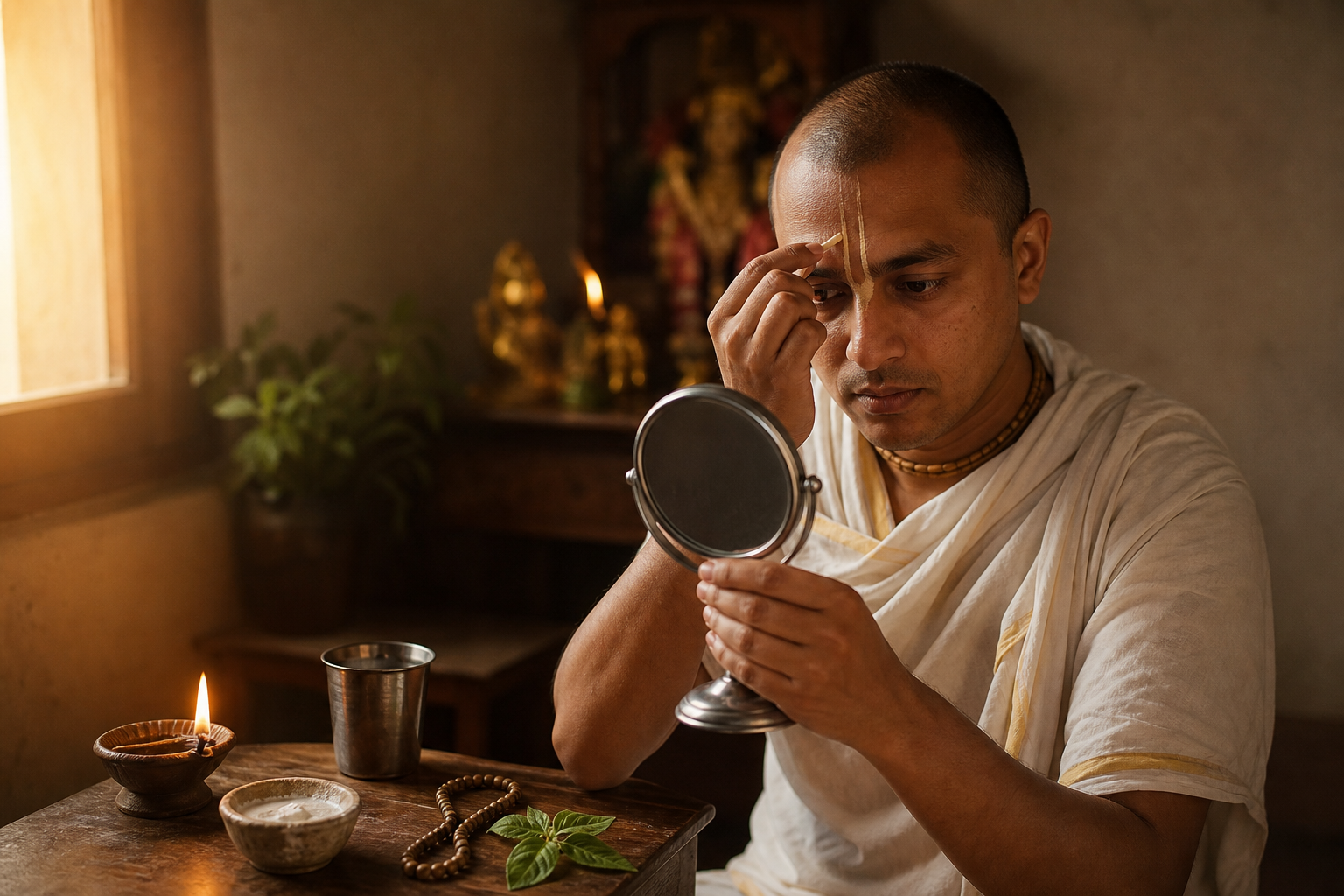 A Vaishnava practitioner uses a small mirror to apply an upward sacred-clay mark while seated beside prayer beads, tulasi leaves, and an oil lamp.