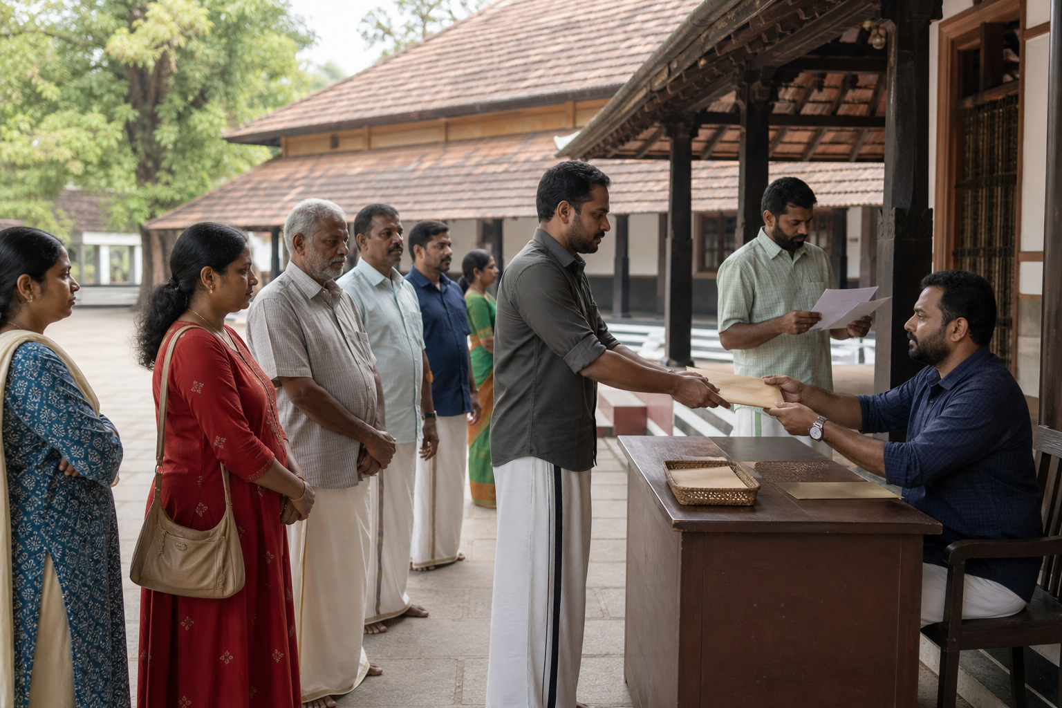 Devotees wait calmly as one person submits a sealed document at a temple administration help desk in a shaded Kerala courtyard.