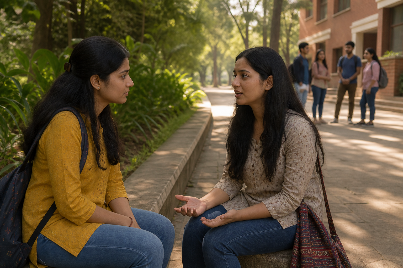 Two university students speak privately on a shaded campus path while supportive friends wait nearby.