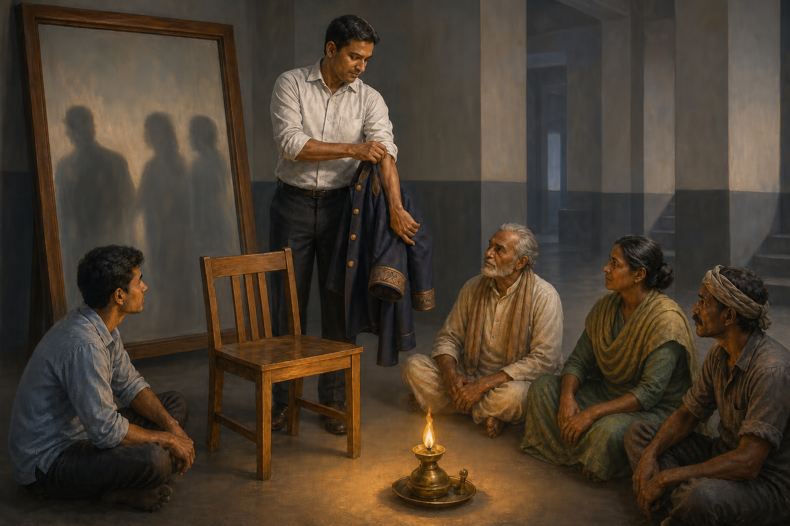 A leader rolls up their sleeves beside an empty wooden chair while facing four people affected by their decisions.