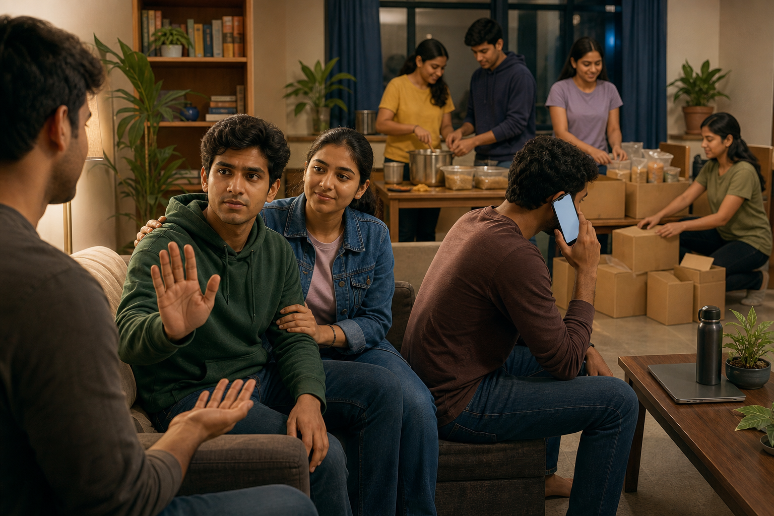 Students in a hostel common room practice refusal, seek support by phone, and prepare care packages for community service.