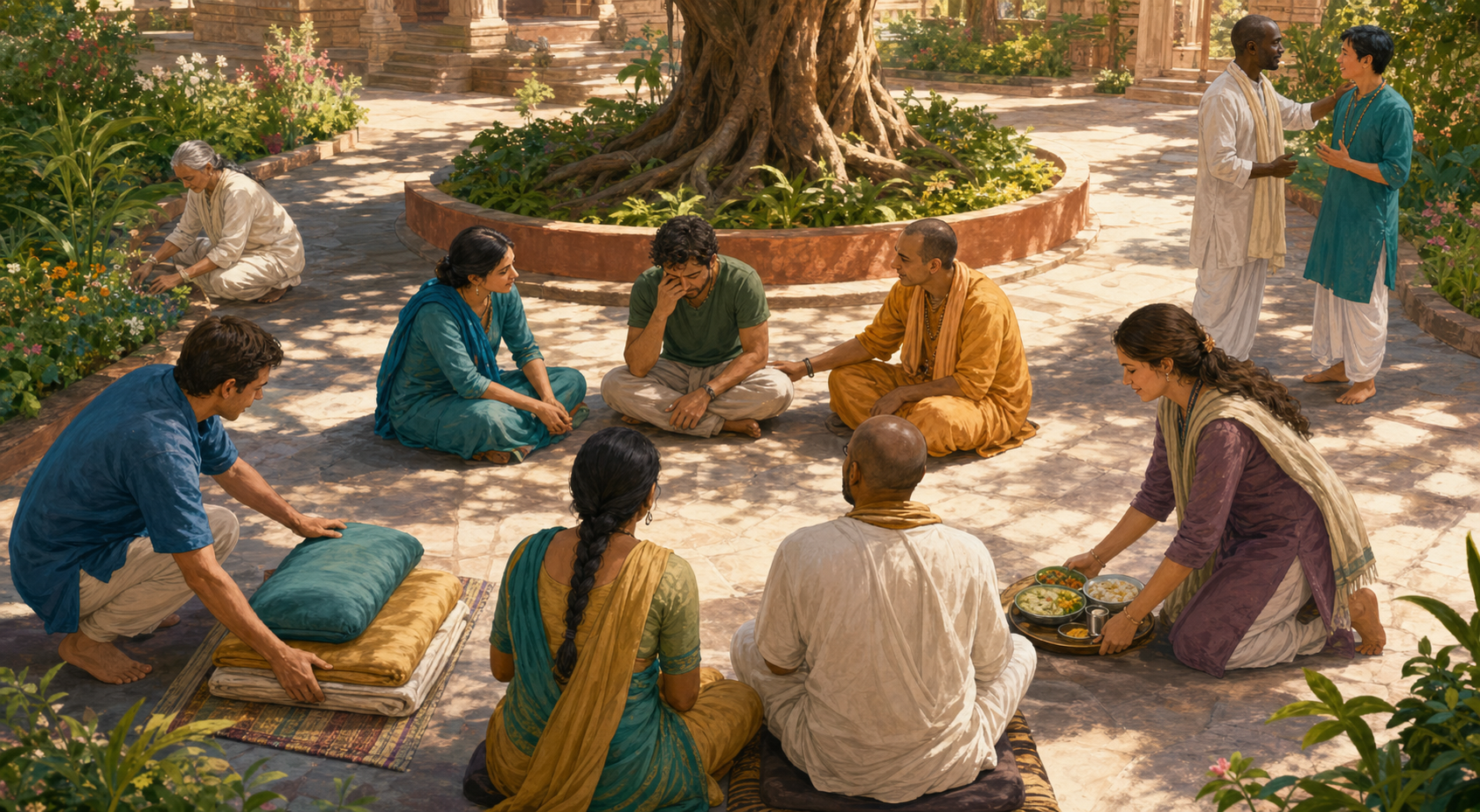 A diverse circle of devotees shares listening, food, rest, and companionship with a distressed community member in a temple courtyard.