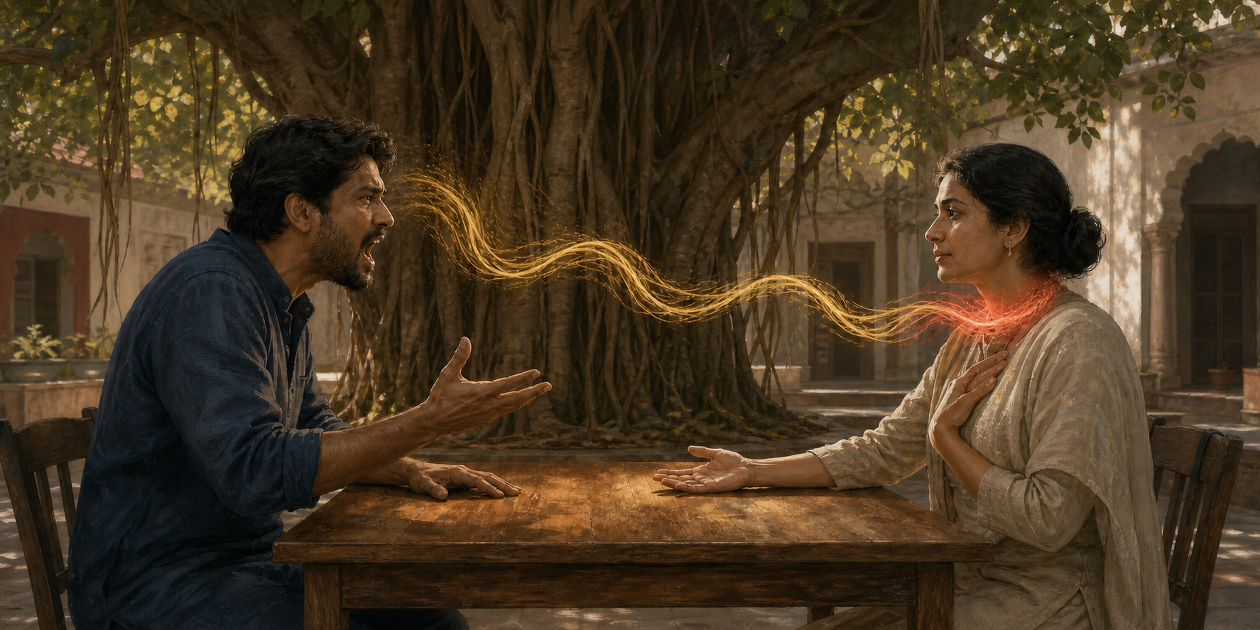 Two adults face each other across a wooden table in a banyan-shaded courtyard as one pauses calmly before responding.