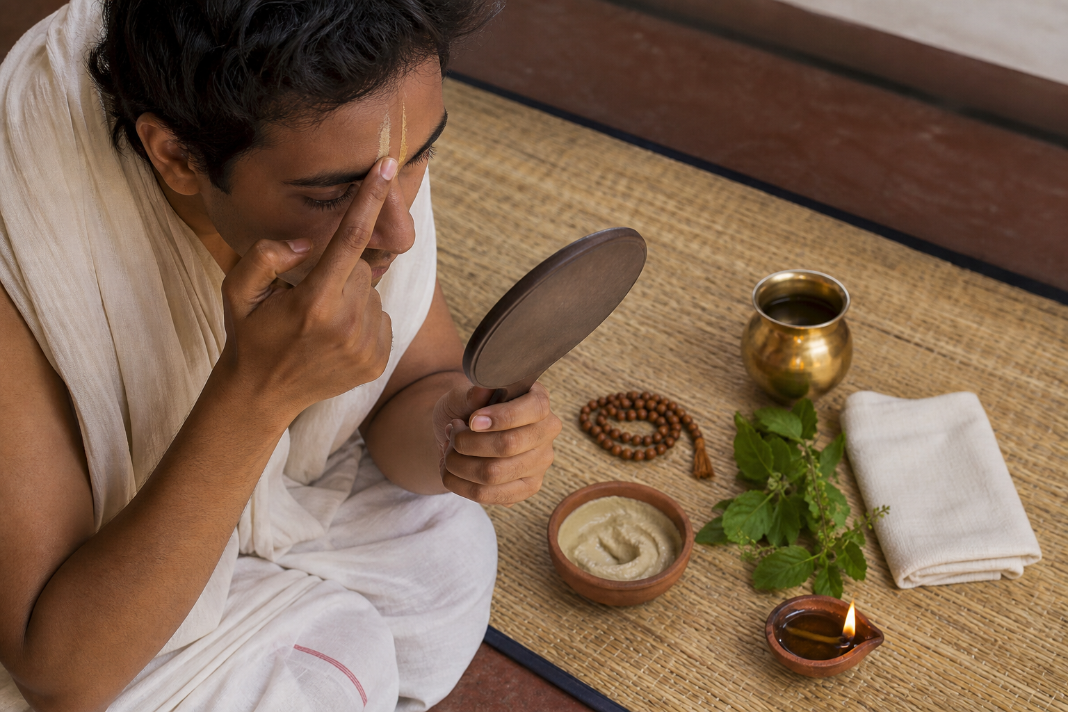 A practitioner prepares sacred clay and applies an upward forehead mark beside tulasi beads, a brass water vessel, and an oil lamp.