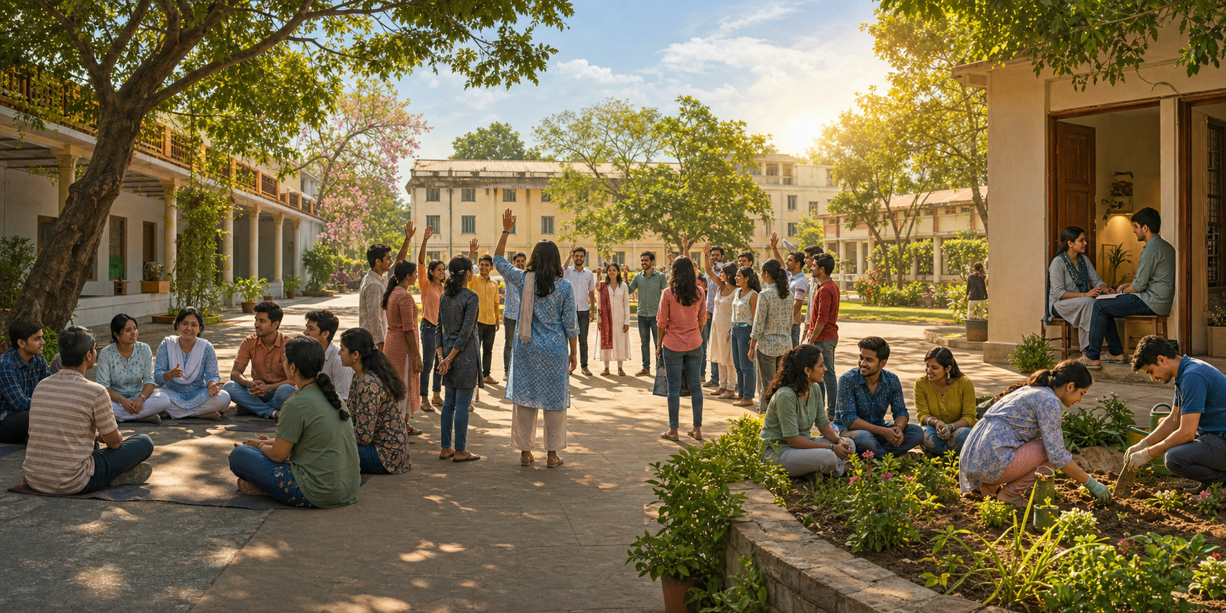 A continuous scene shows young people planning a campaign, joining a pledge gathering, receiving support, and doing community service afterward.