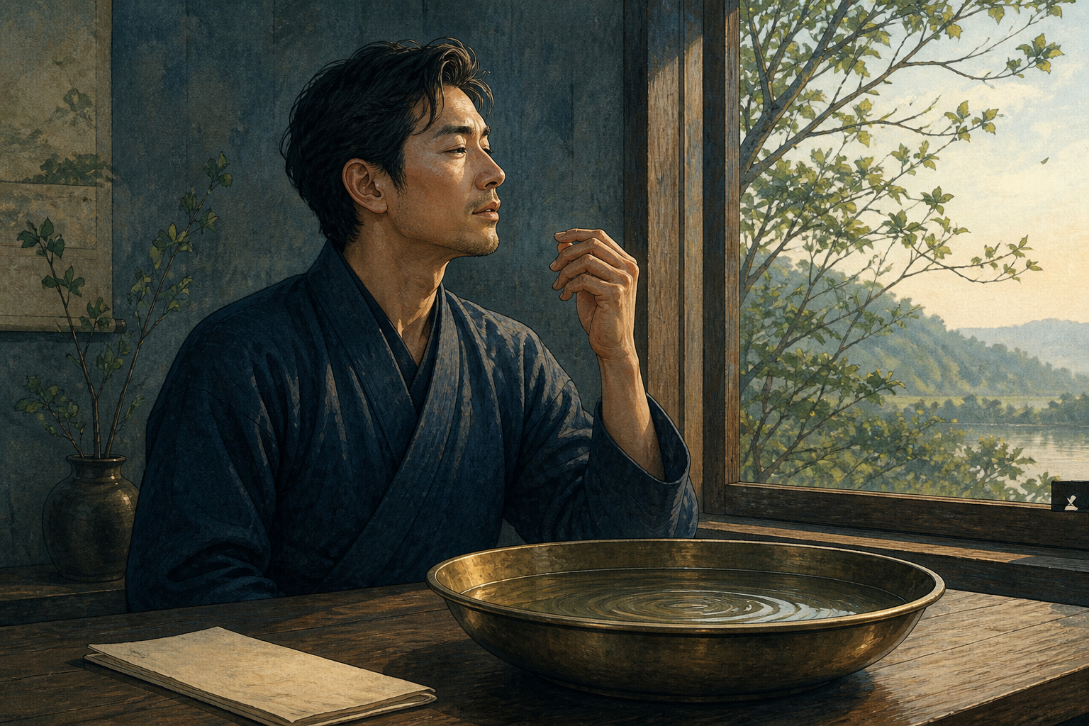 A seated adult pauses beside an open window while ripples settle in a shallow brass bowl on the table.