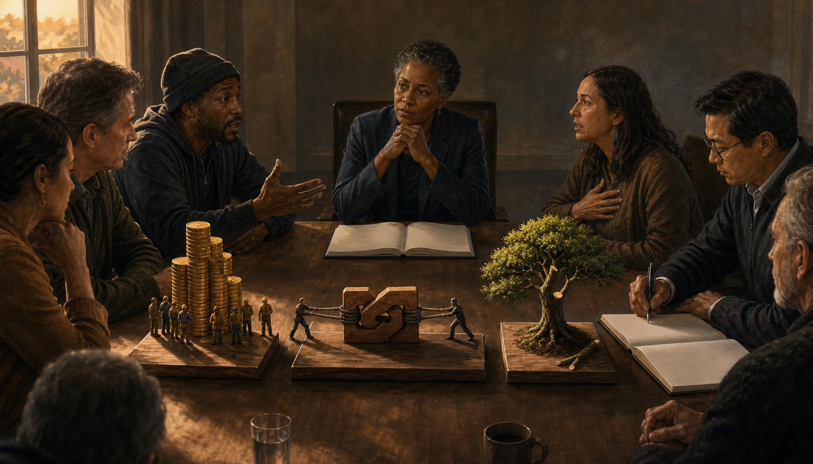 A leadership council examines coins, opposing wooden forms, and a carefully pruned tree while listening to affected people.