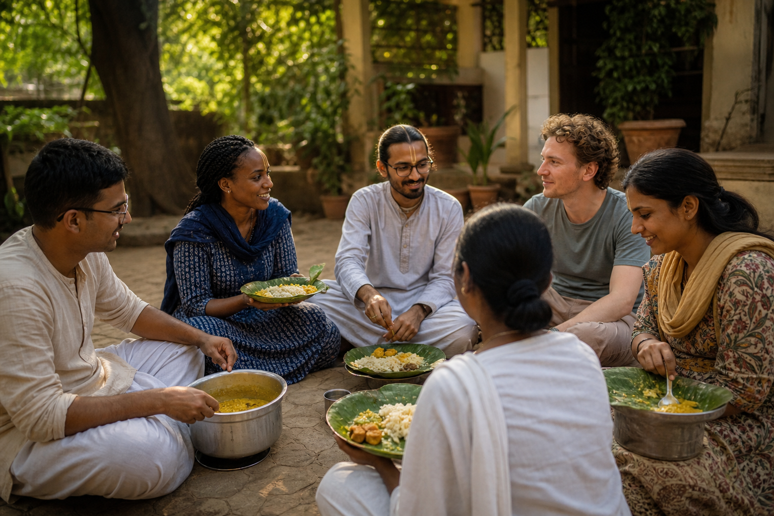 Vaishnava devotees with different forehead marks share a courtyard meal with a guest who has no visible mark.