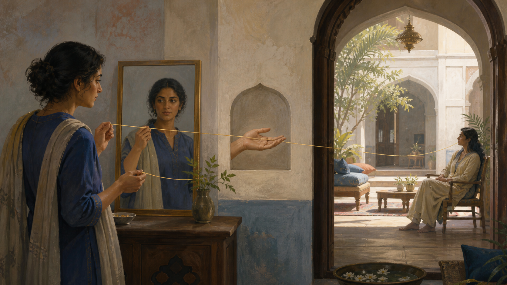 A person guides a golden thread past a reflective surface, an open hand, and a doorway toward a listening figure.