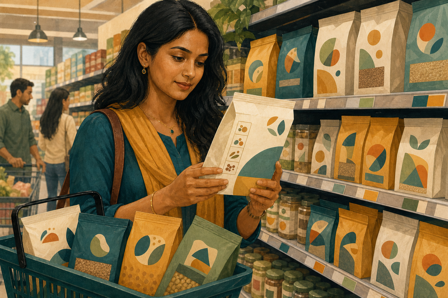 A shopper calmly examines a generic certification seal on a packaged food in a grocery aisle while other differently marked products sit in the basket.