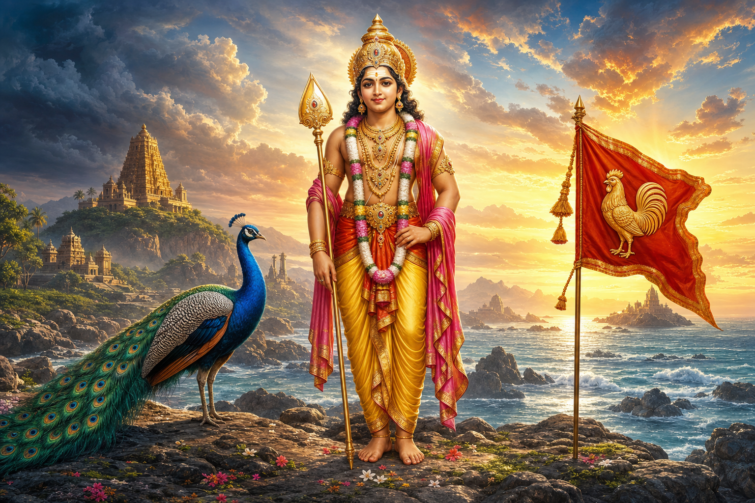 Lord Muruga stands peacefully with his vel after battle, accompanied by a peacock and a ceremonial banner bearing a rooster.