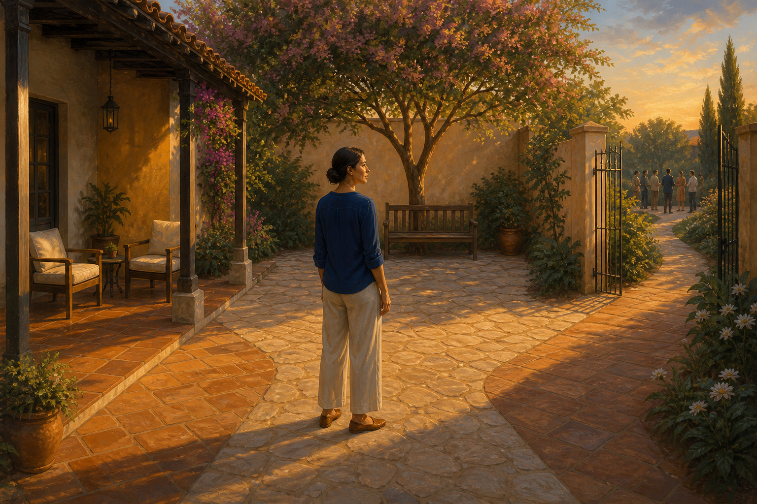 An adult stands in a courtyard between a conversation area, a quiet bench, and an open garden gate.