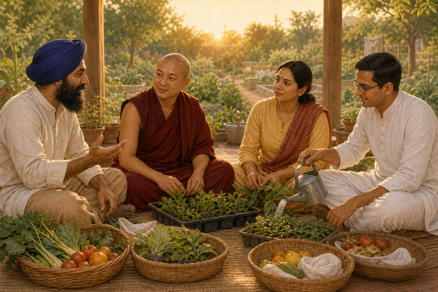 Four adults from different Dharmic communities listen to one another while preparing seedlings and food baskets in a community garden.