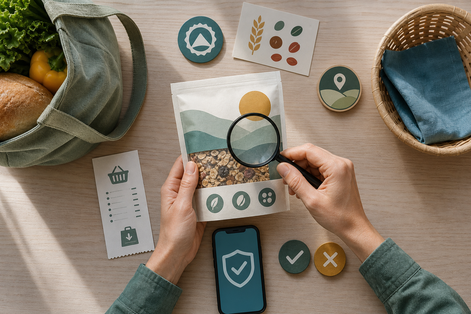 A consumer uses a magnifying glass, phone, receipt, and other evidence cues to evaluate a generic packaged food before deciding what to do with it.