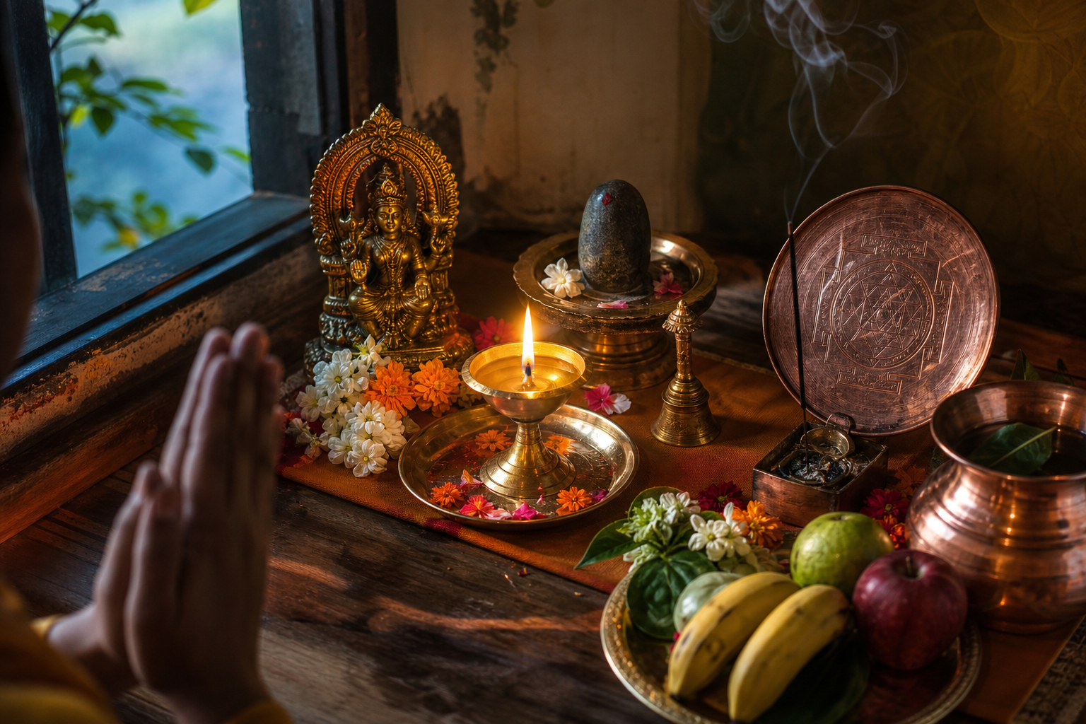 A home puja altar with a glowing oil lamp, flowers, leaves, bell, water vessel, fruit, incense, a deity murti, a sacred stone, and a copper yantra, with a devotee's folded hands in the foreground.