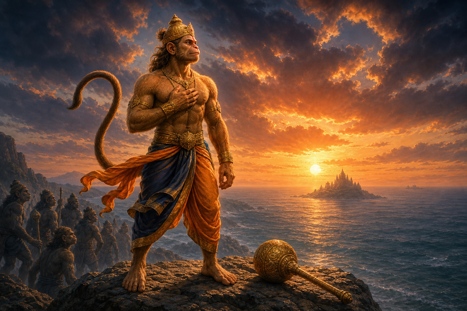 Angada stands on a coastal rock at dawn with a mace beside him and the vanara search party behind him.