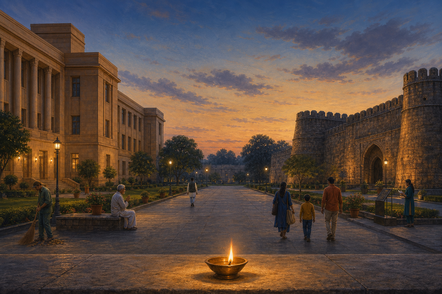 A lit brass diya overlooks a shared courtyard between a civic building and an old stone fort as visitors, a person praying, and grounds staff use the space peacefully.