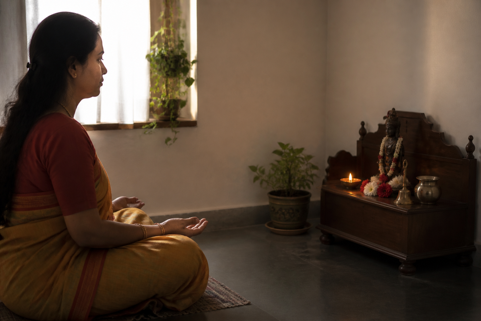 A seated devotee pauses attentively before a small home altar holding a lamp, flowers, bell, water vessel, and deity murti.