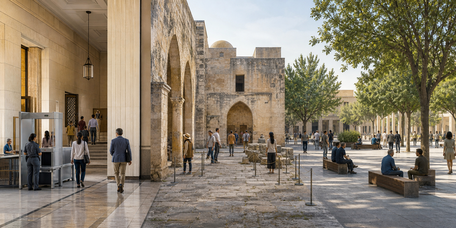 A panoramic illustration shows a government hall, a protected heritage courtyard, and an open public plaza as three visibly different shared spaces.