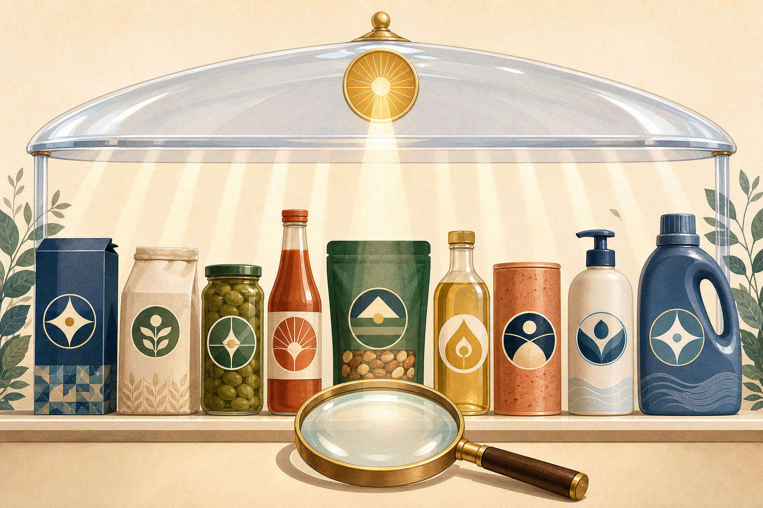 Different generic products with distinct abstract seals are illuminated equally beneath one transparent glass canopy.