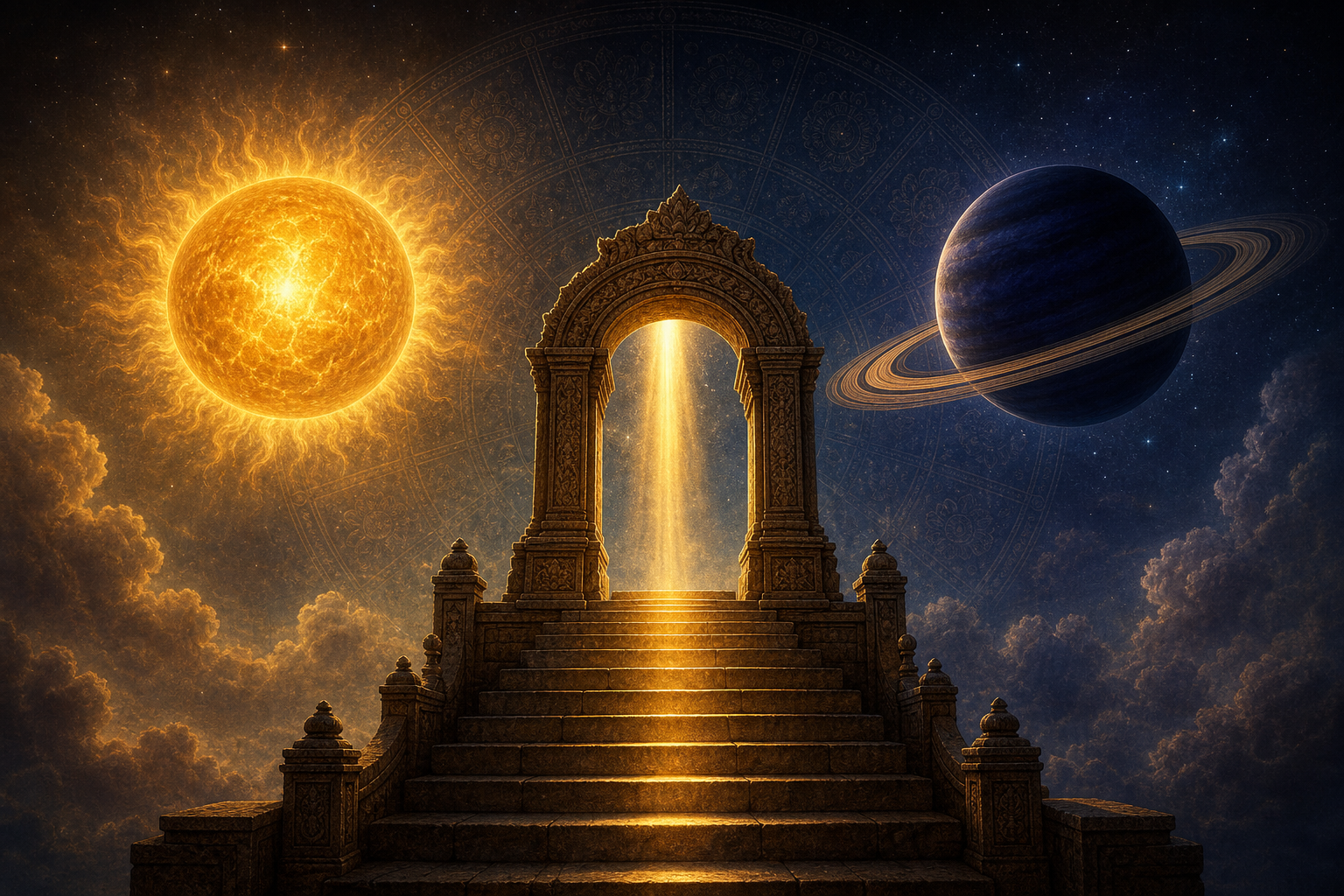 A golden Sun and dark ringed Saturn align above a stone arch and an ascending path illuminated by a narrow beam of light.
