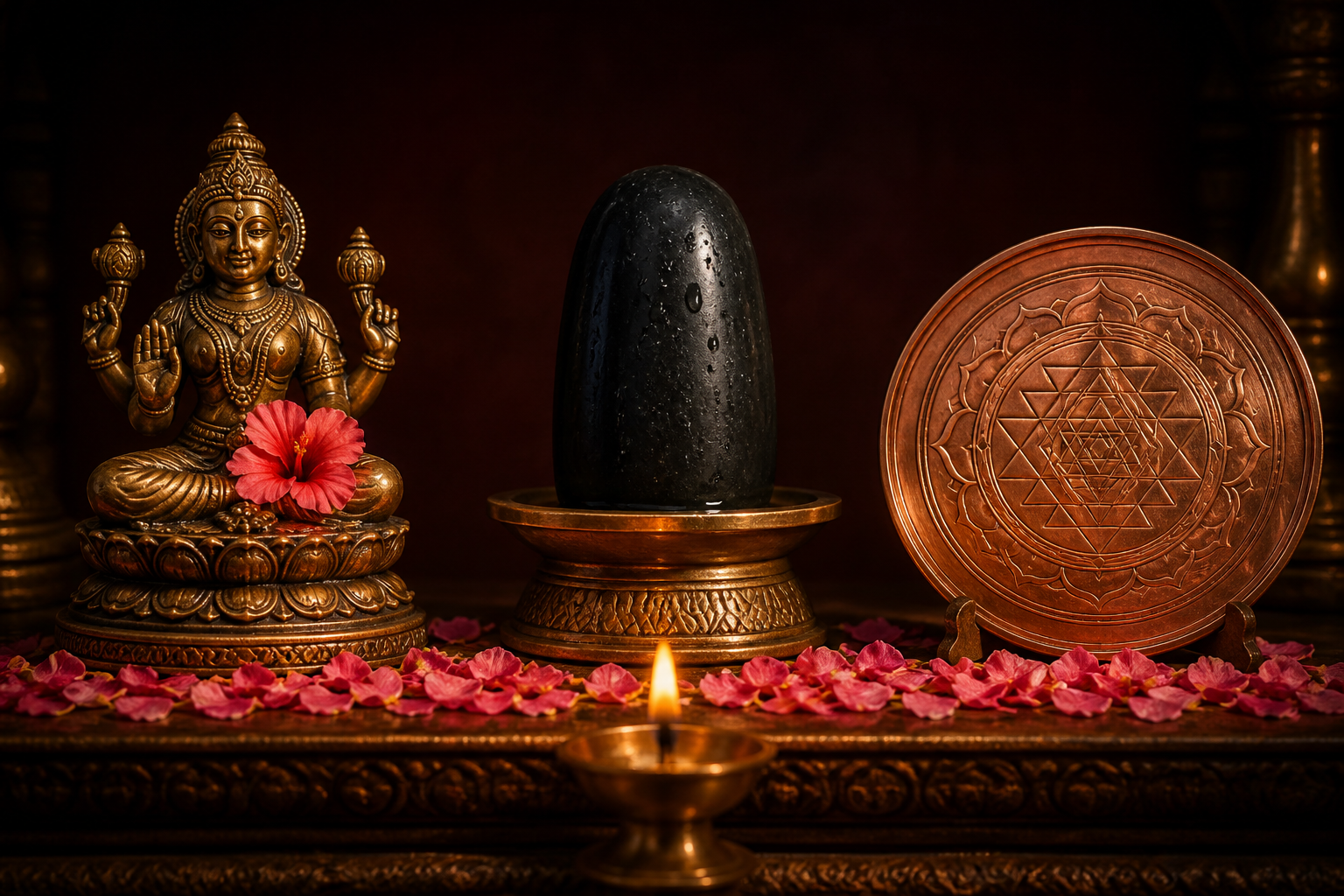 A sculpted deity murti, a polished sacred stone on a brass pedestal, and a geometric copper plate are arranged together on a flower-adorned altar.