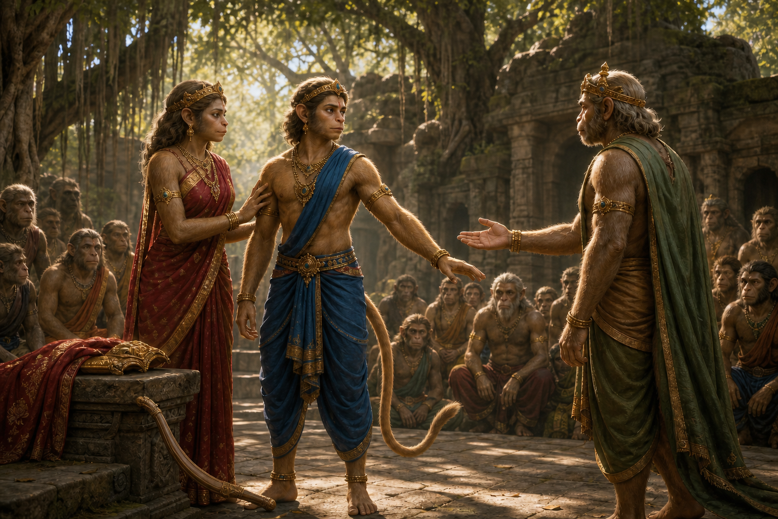 Angada stands between Tara and Sugriva in a forest palace courtyard, with an unstrung bow and folded mantle nearby.