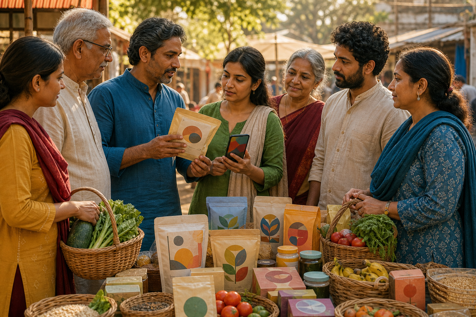 A multigenerational group of South Asian shoppers respectfully examines a generic packaged product together at a community market.