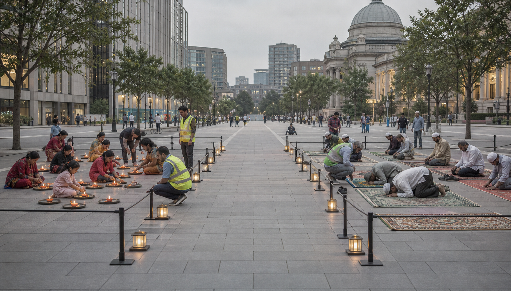 Civic stewards maintain clear walkways and consistent safety precautions around a diya observance and a separate prayer gathering in a public plaza.