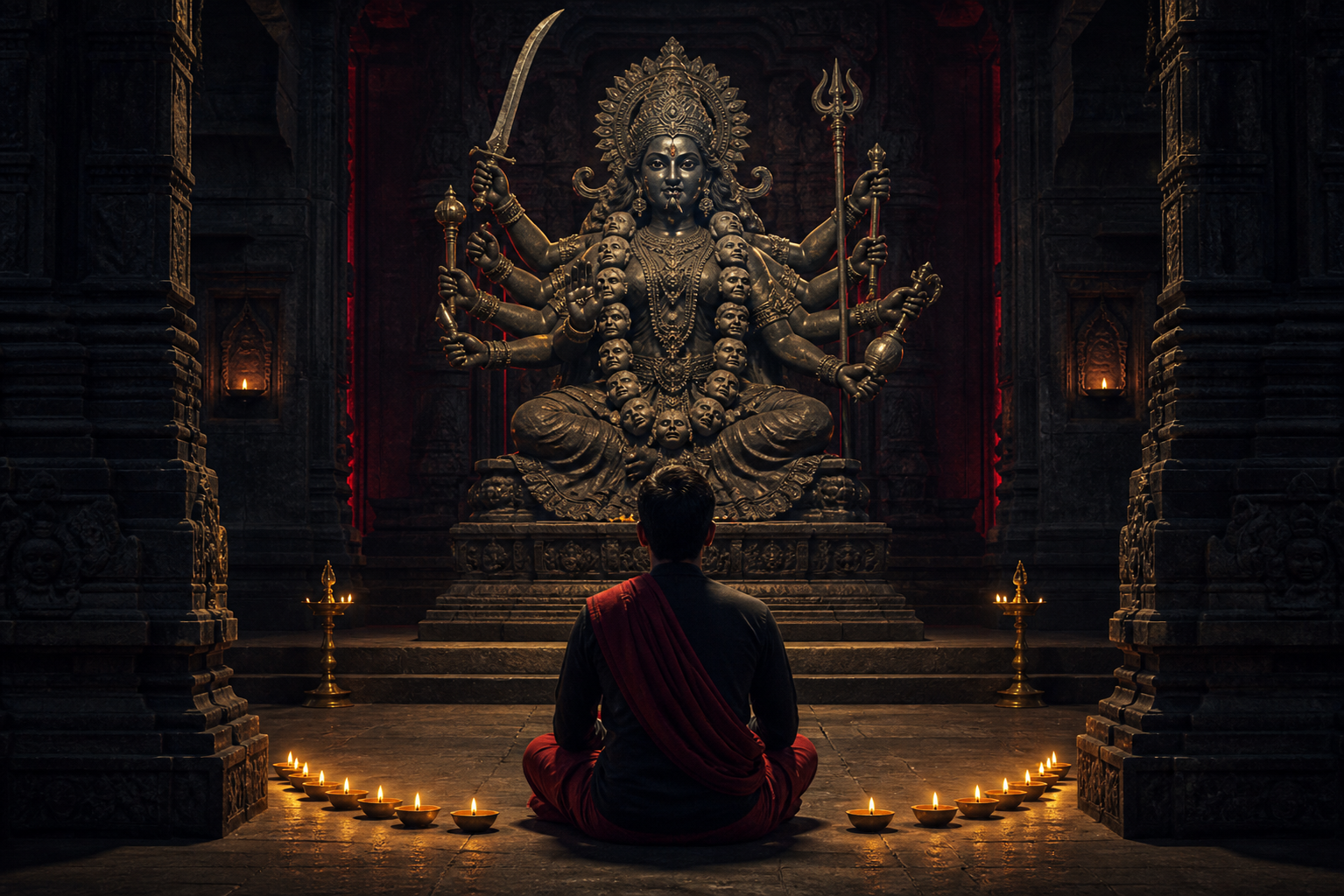 A meditating devotee sits before a fierce Divine Mother murti holding symbolic weapons, with small oil lamps arranged in a semicircle.