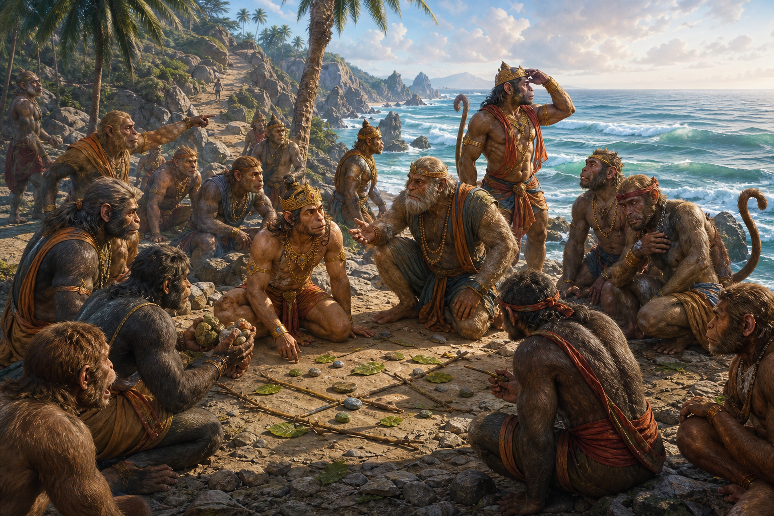 Angada, Jambavan, Hanuman, and other vanara scouts confer together on a rocky seashore during the search for Sita.