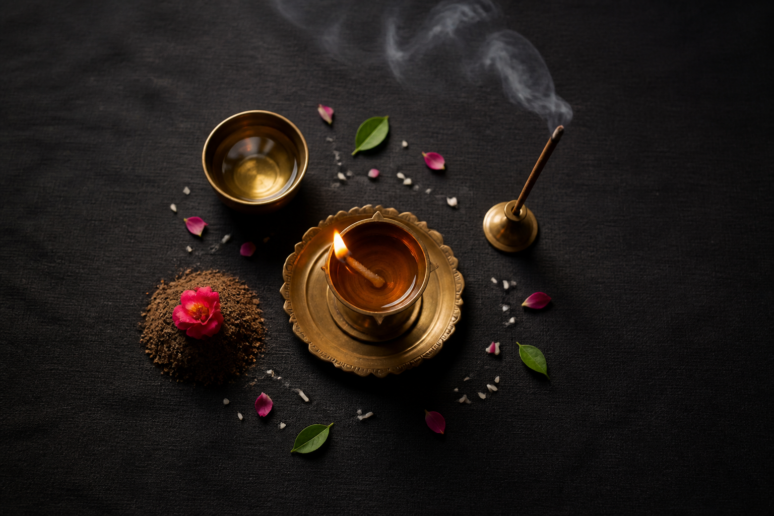 Puja offerings are arranged around a brass oil lamp with water, earth, a flower, incense smoke, leaves, grains, and open space representing the five elements.