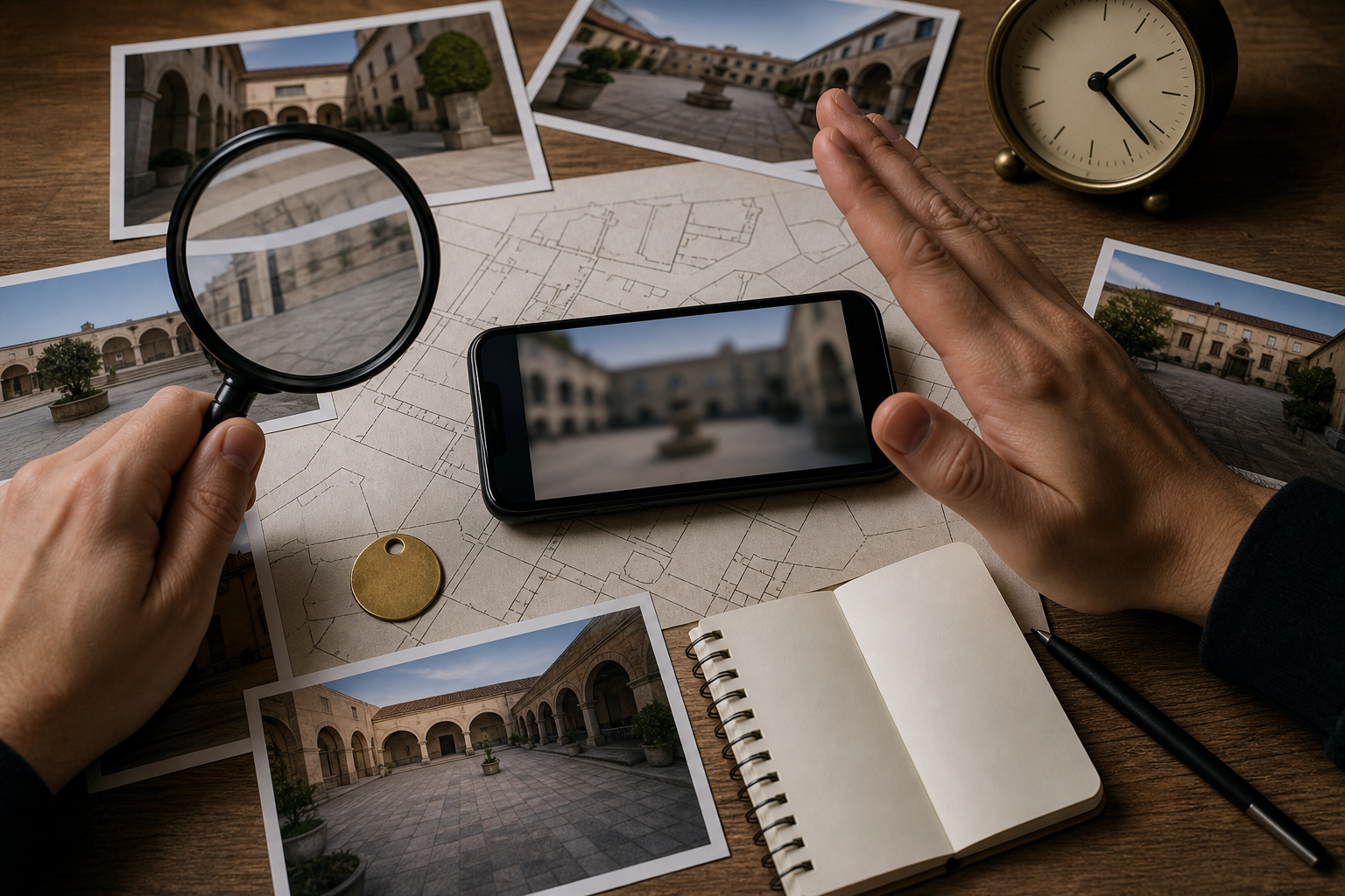 Hands compare an ambiguous phone video with a map, timepiece, entry token, notes, and wider photographs of the same stone courtyard.