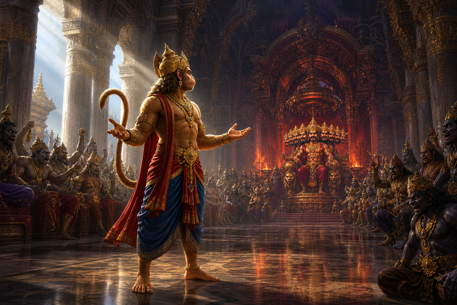 Angada stands calmly with one foot planted in Ravana's grand court while rakshasa courtiers surround the throne.