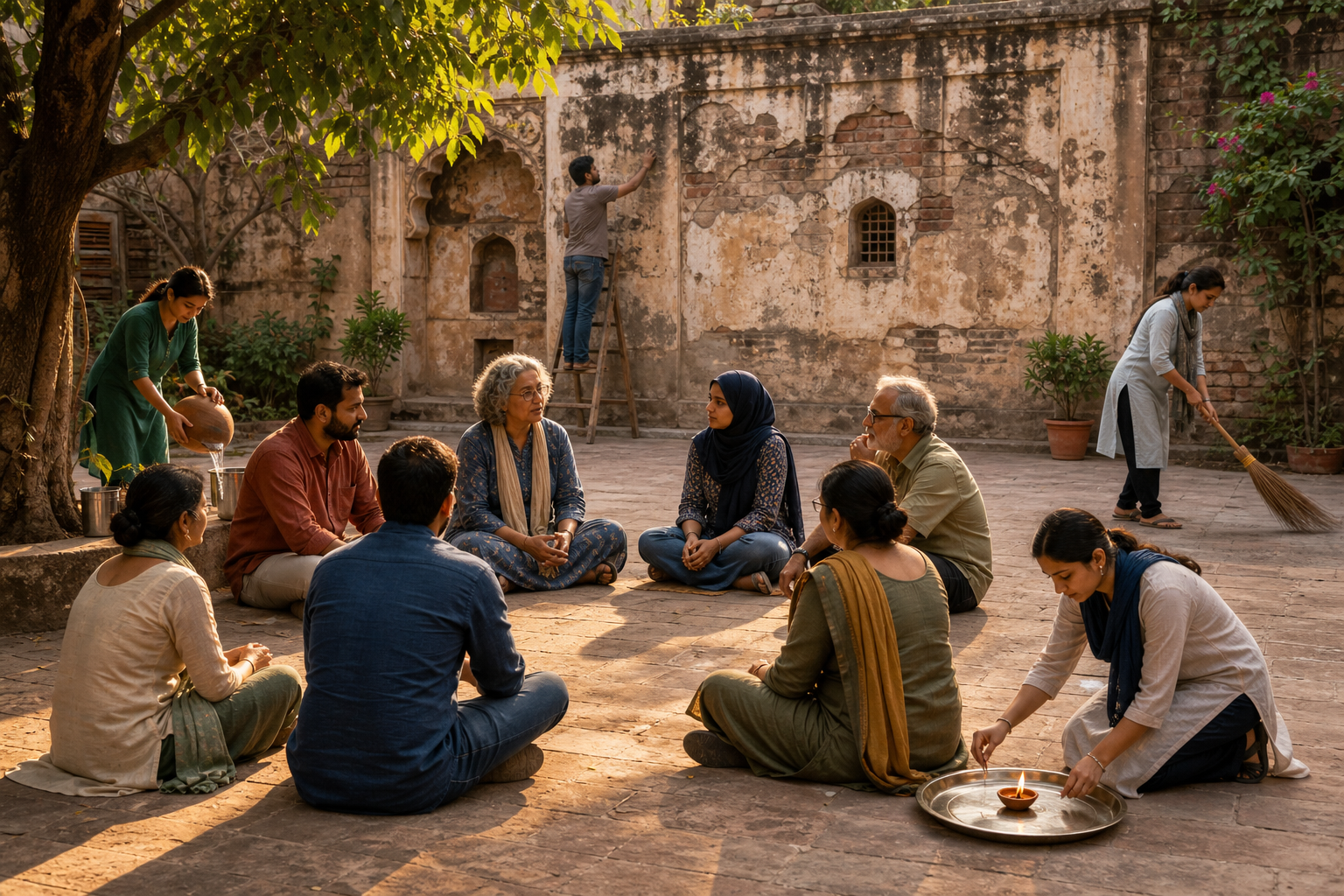 Community members listen in a circle while volunteers serve water, clean a courtyard, care for a heritage wall, and safely light one diya.