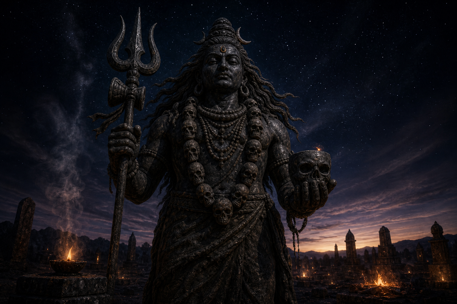 A fierce dark stone Mahakala murti with a trident and skull cup stands near distant cremation fires beneath a night sky.