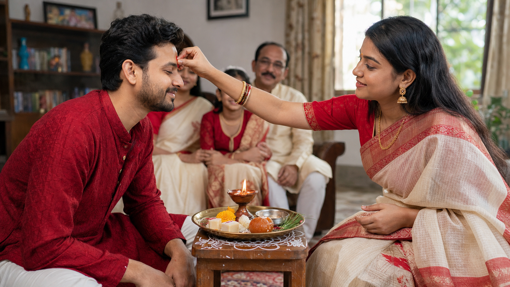 A Bengali sister applies a ceremonial fota to her brother's forehead beside a brass ritual plate as their family watches.