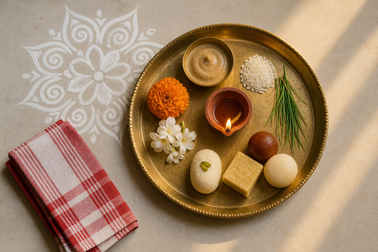 A brass Bhai Phonta plate holds sandalwood paste, rice, durba grass, flowers, a lit clay lamp, and Bengali sweets.