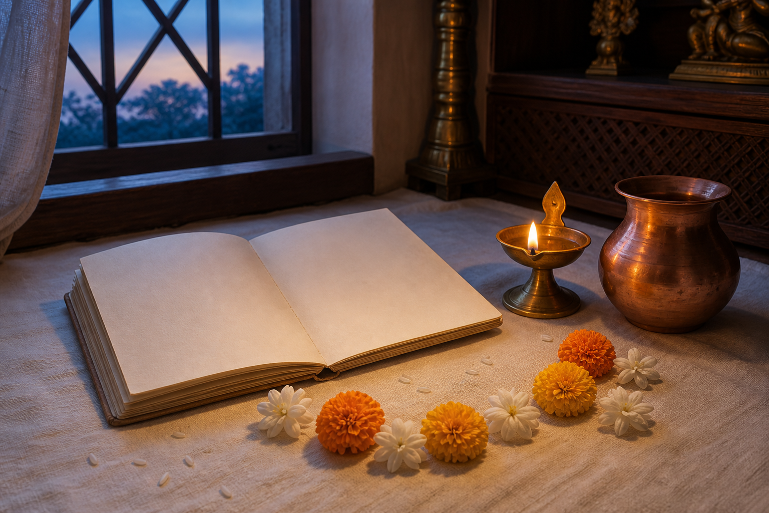 A glowing brass oil lamp, copper water vessel, blank calendar booklet, rice, and nine flowers arranged in a prayer space at dawn.