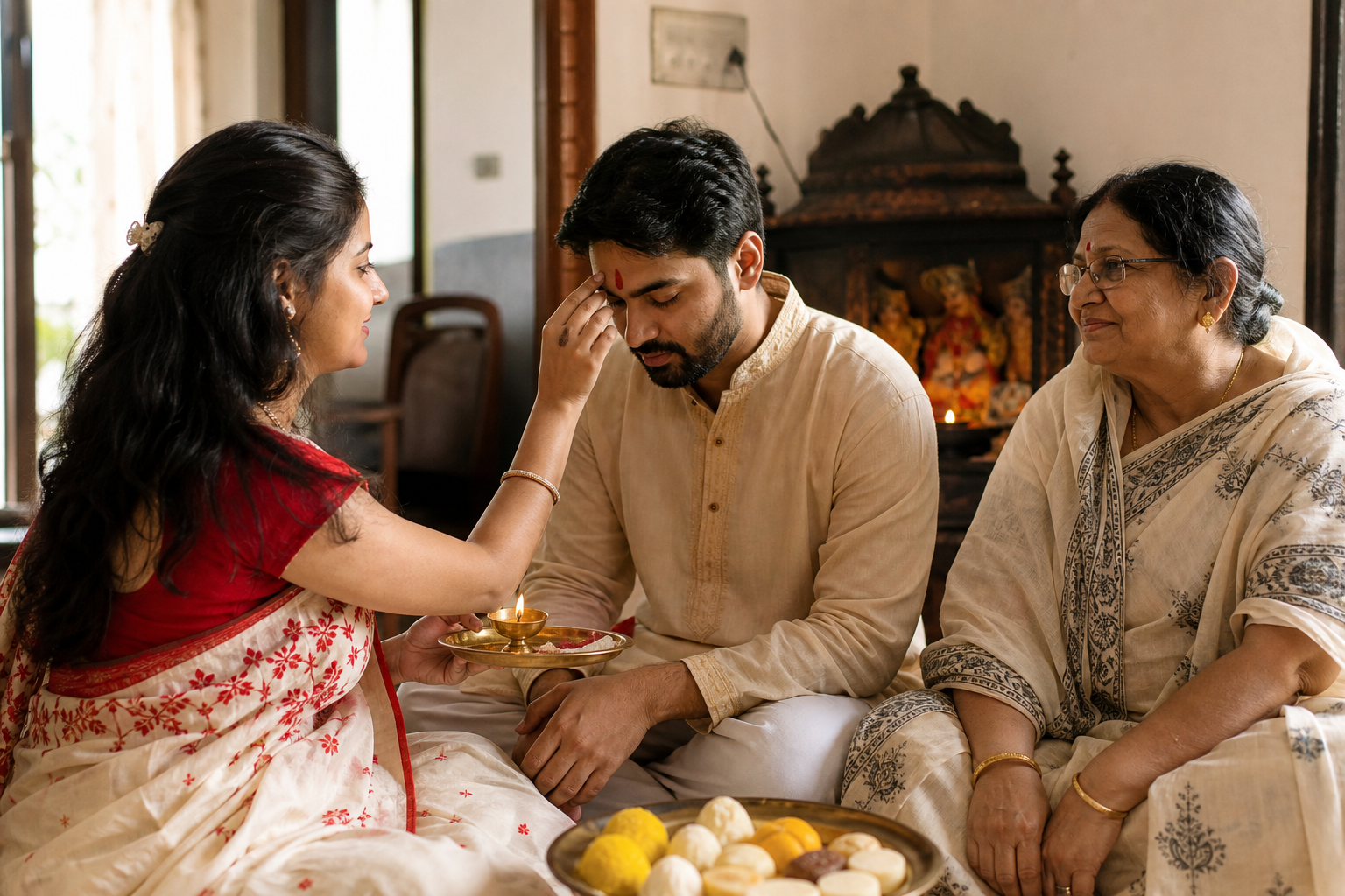 A sister holds a ritual plate after placing a fota on her seated brother while their mother looks on.