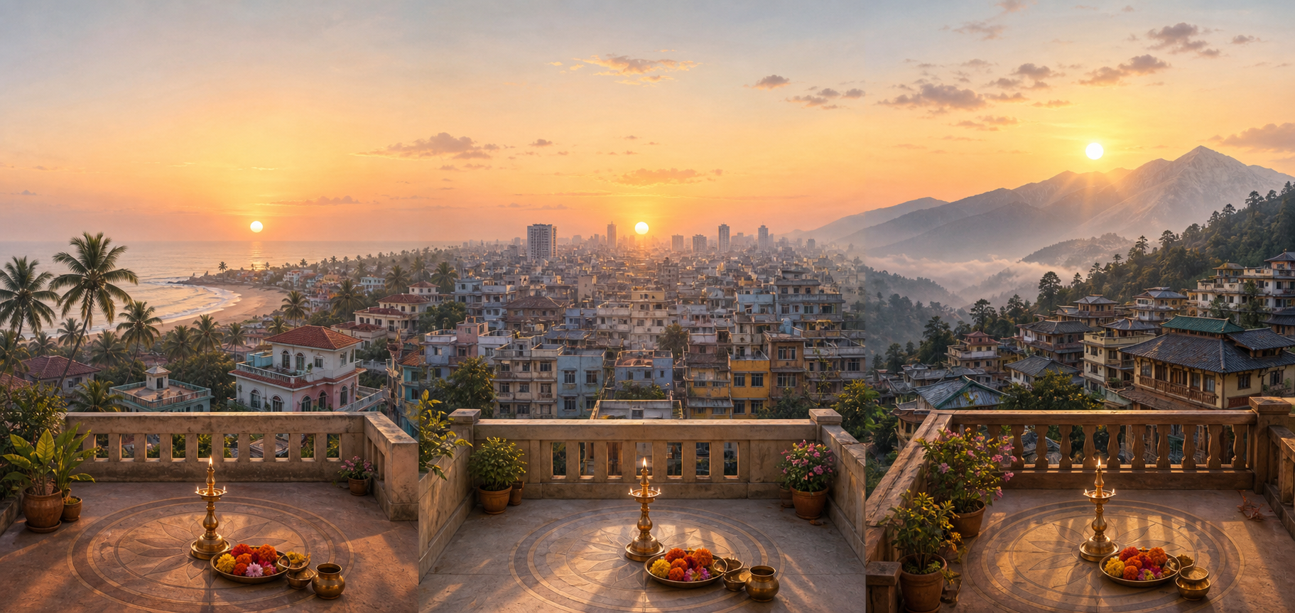 Morning sunlight reaches a coastal neighborhood, an inland city, and a mountain town at different angles, with a prayer lamp on each terrace.