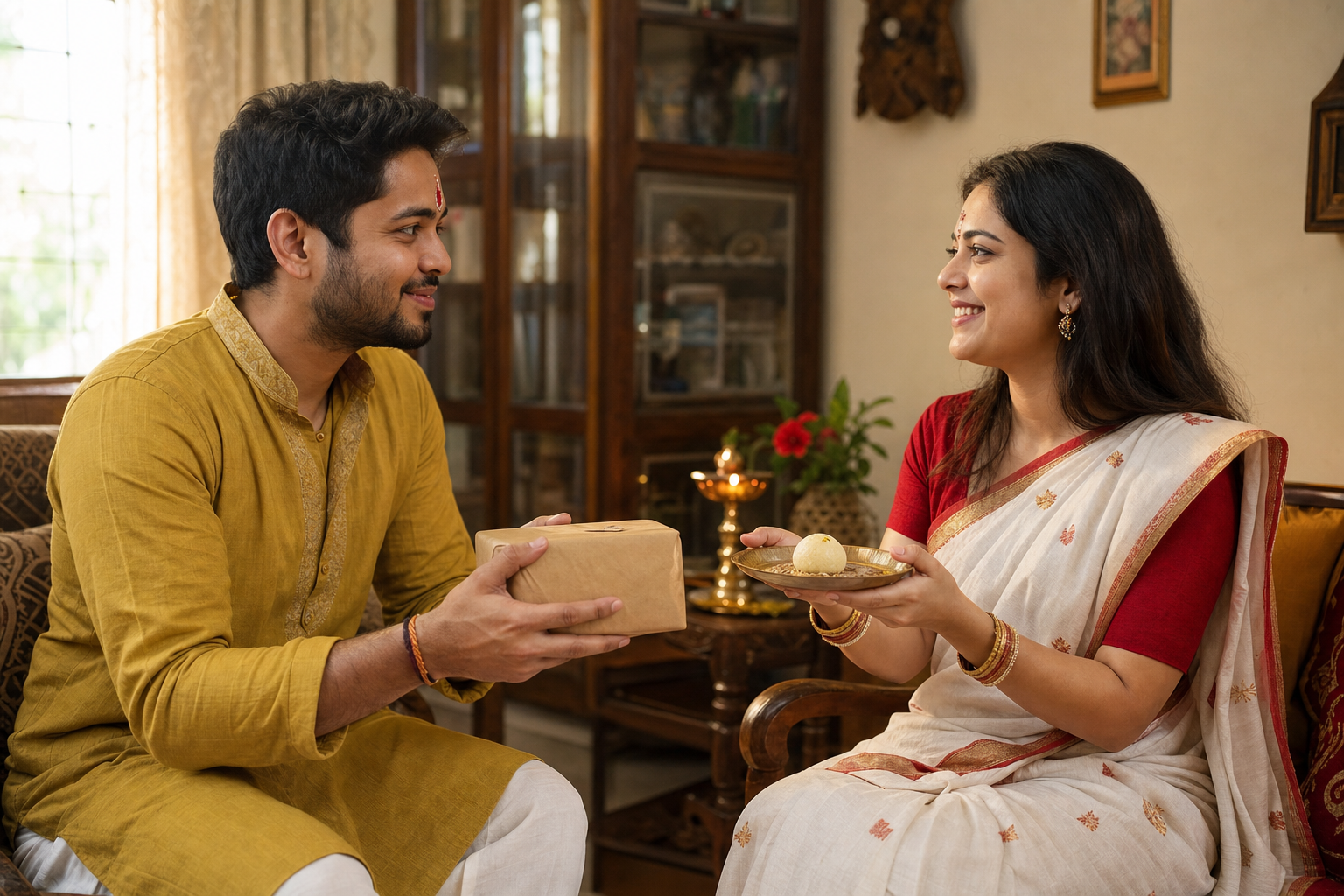 A brother gives his sister a modest gift as she offers him a sweet after the Bhai Phonta ritual.